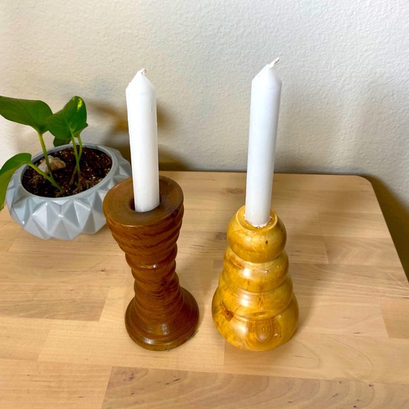 Wooden boho chic mismatched candlestick holders - Picture 3 of 4